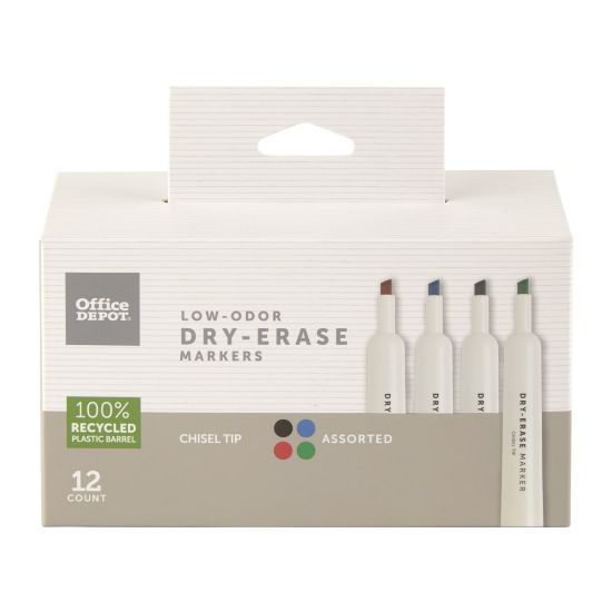 Picture of Office Depot Brand Low-Odor Dry-Erase Markers, Chisel Point, 100% Recycled Plastic Barrel, Assorted Colors, Pack Of 12