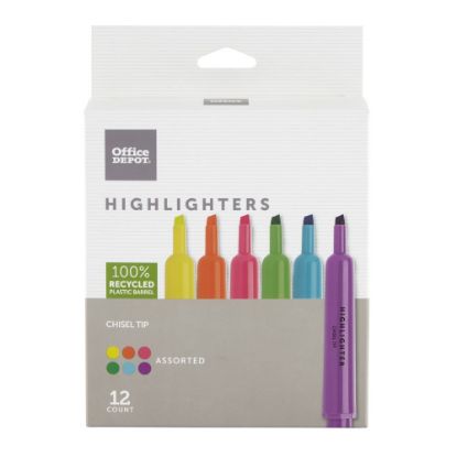 Picture of Office Depot Brand Chisel-Tip Highlighters, 100% Recycled Plastic Barrel, Assorted Fluorescent Colors, Pack Of 12