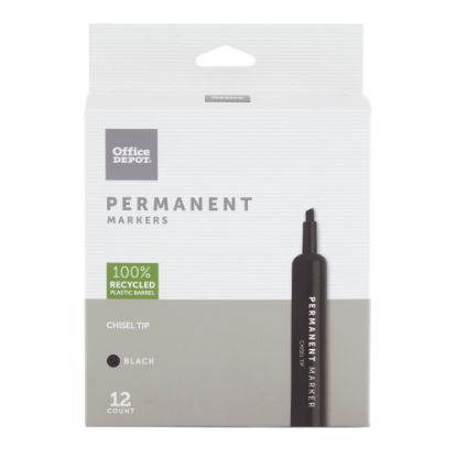 Picture of Office Depot Brand Permanent Markers, Chisel Point, 100% Recycled Plastic Barrel, Black Ink, Pack Of 12