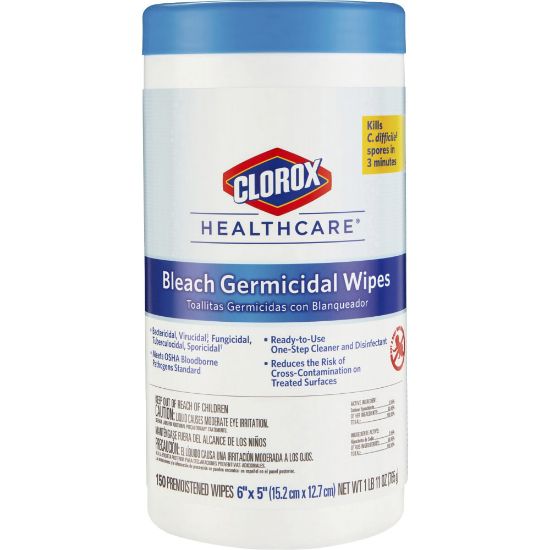 Picture of Clorox Healthcare Germicidal Wipes With Bleach, Unscented, 6in x 5in, Pack Of 150 Wipes