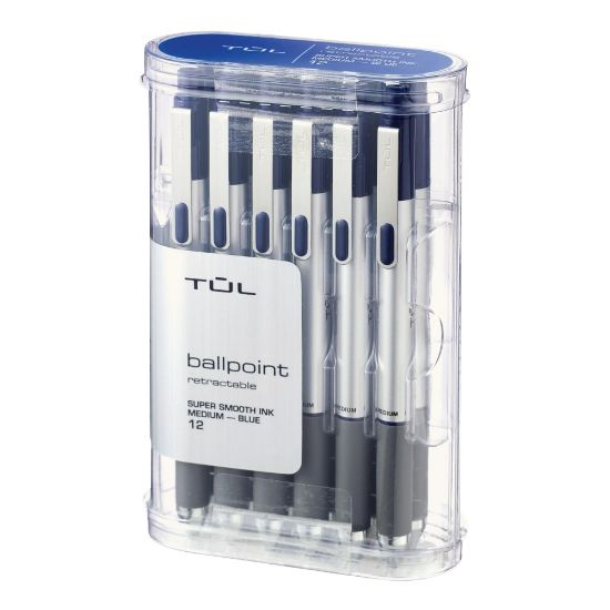 Picture of TUL BP Series Retractable Ballpoint Pens, Medium Point, 1.0 mm, Silver Barrel, Blue Ink, Pack Of 12 Pens