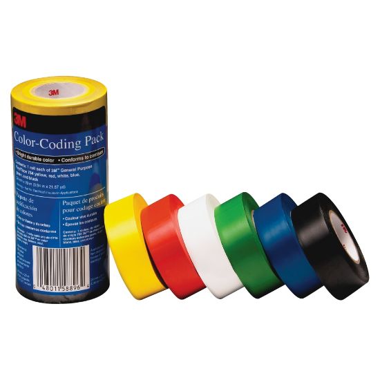 Picture of 3M Vinyl Tape 764 Color-coding Pack - 21.87 yd Length x 0.94in Width - 5 mil Thickness - Rubber - 4 mil - Polyvinyl Chloride (PVC) Backing - 6 / Pack - Multicolor