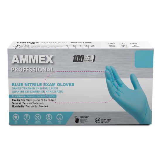 Picture of Ammex Professional Powder-Free Exam-Grade Nitrile Gloves, X-Large, Blue, Box Of 100 Gloves