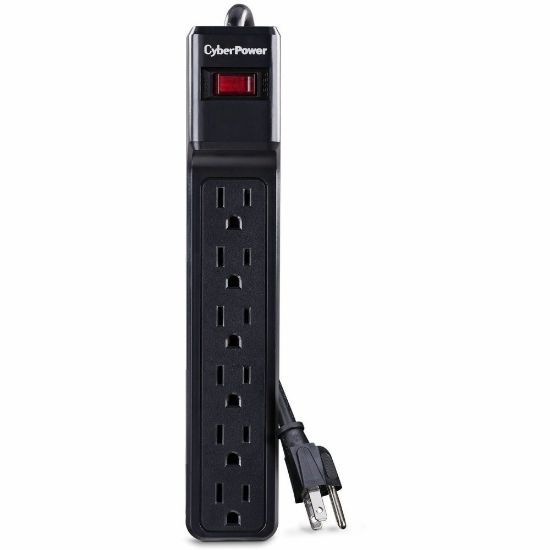 Picture of CyberPower CSB606 Essential 6 - Outlet Surge with 900 J - Clamping Voltage 800V, 6 ft, NEMA 5-15P, Straight, 15 Amp, EMI/RFI Filtration, Black, RG6 Coaxial Protection, Lifetime Warranty