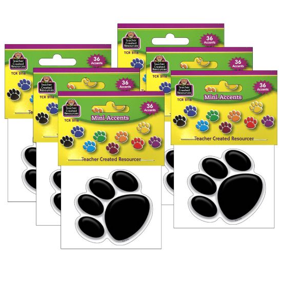 Picture of Teacher Created Resources Mini Accents, Colorful Paw Prints, 36 Accents Per Pack, Set Of 6 Packs