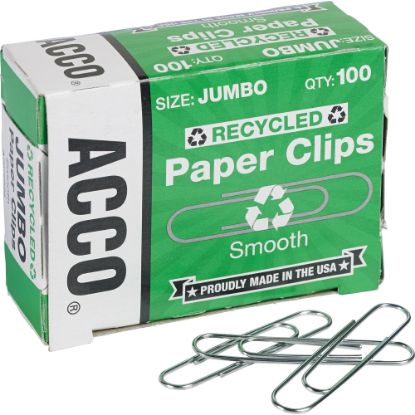 Picture of ACCO Paper Clips, 1000 Total, Jumbo, 90% Recycled, Silver, 100 Per Pack, Box Of 10 Packs