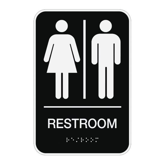 Picture of Cosco ADA Mens/Womens/Unisex Restroom Sign, 6in x 9in, Black