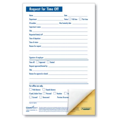 Picture of ComplyRight Request For Time Off Forms, 2-Part, 5 1/2in x 8 1/2in, White, Pack Of 50