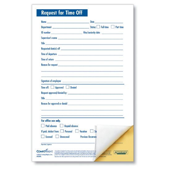 Picture of ComplyRight Request For Time Off Forms, 2-Part, 5 1/2in x 8 1/2in, White, Pack Of 50