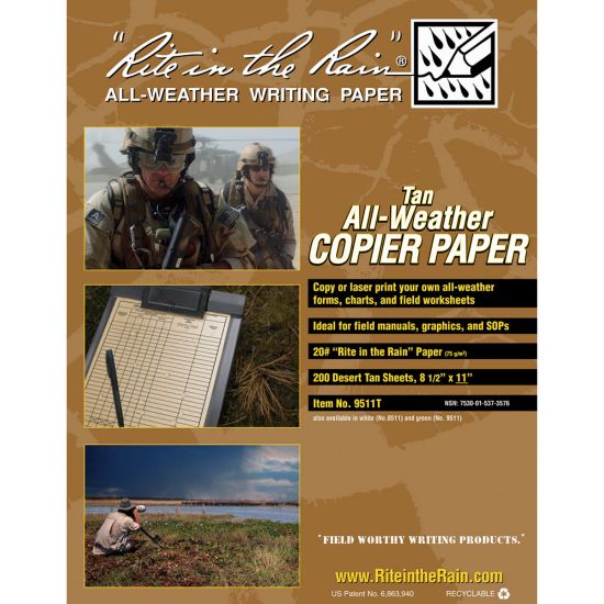 Picture of Rite in the Rain Tactical All-Weather Copy Paper, Tan, Letter (8.5in x 11in), 200 Sheets Per Pack, 20 Lb