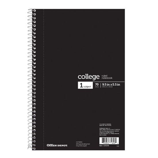 Picture of Office Depot Brand Notebook, 6in x 9 1/2in, 70 Sheets, College Ruled, Black