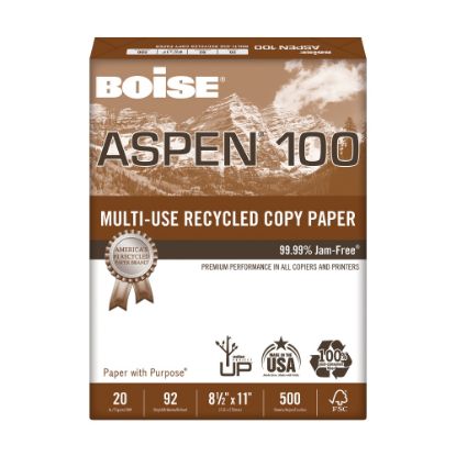 Picture of Boise ASPEN 100 Multi-Use Printer & Copy Paper, White, Letter (8.5in x 11in), 500 Sheets Per Ream, 20 Lb, 92 Brightness, 100% Recycled, FSC Certified