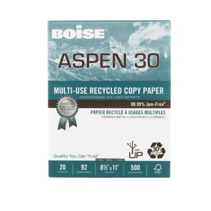 Picture of Boise ASPEN 30 3-Hole Punched Multi-Use Printer & Copy Paper, White, Letter (8.5in x 11in), 500 Sheets Per Ream, 20 Lb, 92 Brightness, 30% Recycled, FSC Certified