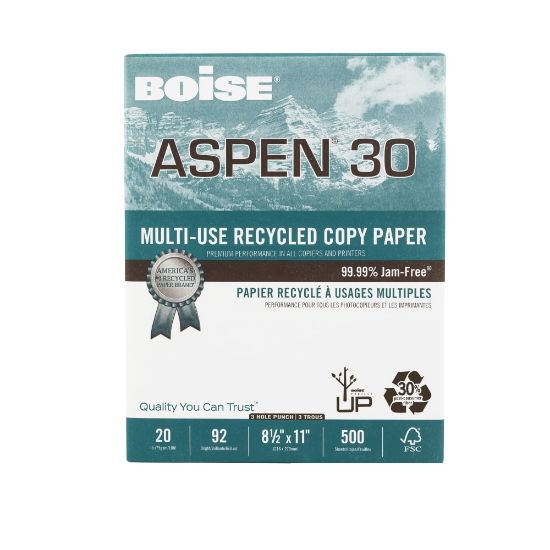 Picture of Boise ASPEN 30 3-Hole Punched Multi-Use Printer & Copy Paper, White, Letter (8.5in x 11in), 500 Sheets Per Ream, 20 Lb, 92 Brightness, 30% Recycled, FSC Certified