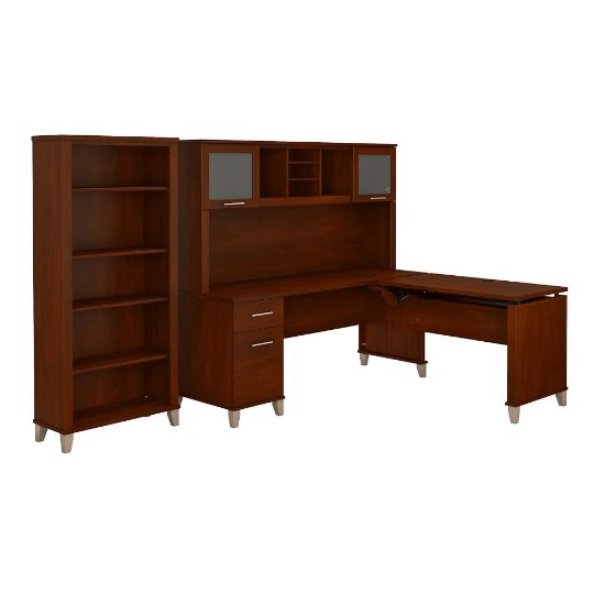 Picture of Bush Furniture Somerset 72inW 3 Position Sit to Stand L Shaped Desk With Hutch And Bookcase, Hansen Cherry, Standard Delivery