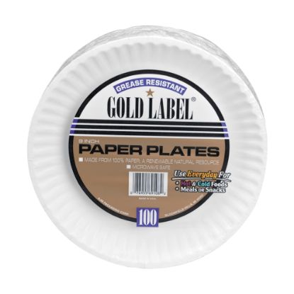 Picture of AJM Premium Gold Label Coated Paper Plates, 9in Diameter, White, Pack Of 100