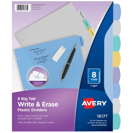 Picture of Avery Durable Write-On Plastic Dividers With Erasable Tabs, 8 1/2in x 11in, Multicolor, 8 Tabs