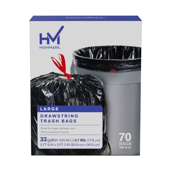 Picture of Highmark Large Drawstring Trash Bags, 33 Gallon, Black, Box Of 70 Bags