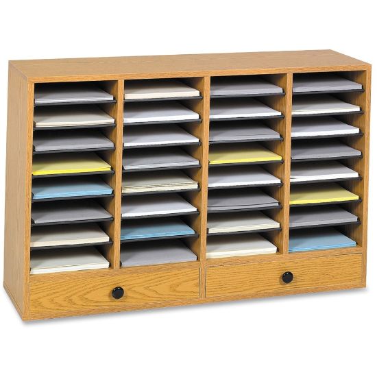 Picture of Safco Adjustable Compartment Literature Organizers - 32 Compartments - 2 Drawers - Compartment Size 2.50in x 9.50in x 11.50in - Drawer Size 2.75in x 17.50in - 25.3in Height x 39.3in Width x 11.8in Depth - Adjustable, Stackable - Oak