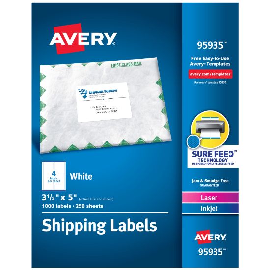 Picture of Avery Shipping Labels, Sure Feed Technology, Permanent Adhesive, 3-1/2in x 5in, 1,000 Labels (95935)