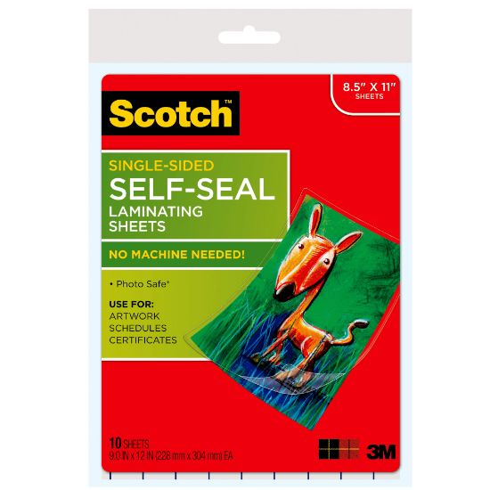 Picture of Scotch Self-Seal Laminating Pouches, 8-1/2in x 11in, Clear, Pack of 10 Laminating Sheets