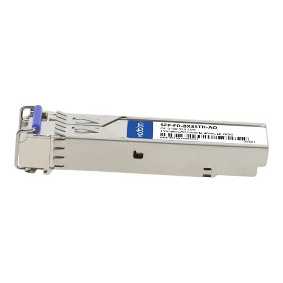 Picture of AddOn - SFP (mini-GBIC) transceiver module (equivalent to: MRV SFP-FD-BX35TH) - LC single-mode - up to 24.9 miles - OC-3 - 1550 (TX) / 1310 (RX) nm - TAA Compliant - for P/N: RDH10248/1-AO, SFP-25G-BX-D-40-AO, SFP-25G-BX-U-20-I-AO, XFP-10G-BX40-D-ALC-AO