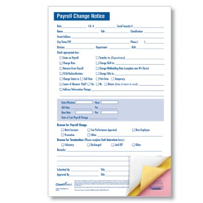 Picture of ComplyRight Payroll Change Notice Forms, Small, 3-Part, 5 1/2in x 8 1/2in, White, Pack Of 50