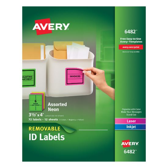 Picture of Avery Removable Laser/Inkjet Organization Labels, AVE6482, 3 1/3in x 4in, Assorted Colors, Pack Of 72