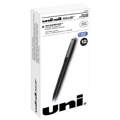 Picture of uni-ball Rollerball Pens, Micro Point, 0.5 mm, 80% Recycled, Black Barrel, Blue Ink, Pack Of 12 Pens