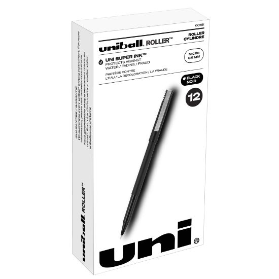 Picture of uni-ball Rollerball Pens, Micro Point, 0.5 mm, 80% Recycled, Black Barrel, Black Ink, Pack Of 12 Pens