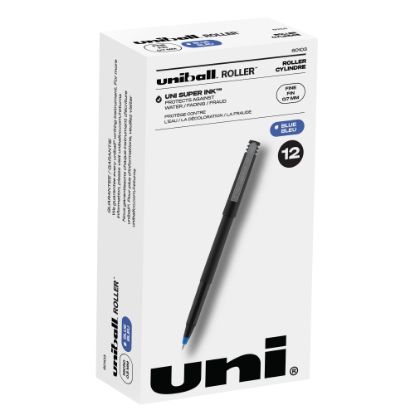 Picture of uni-ball Rollerball Pens, Fine Point, 0.7 mm, 80% Recycled, Black Barrel, Blue Ink, Pack Of 12 Pens