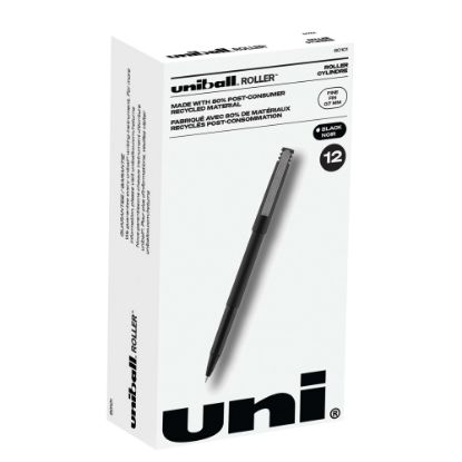 Picture of uni-ball Rollerball Pens, Fine Point, 0.7 mm, 80% Recycled, Black Barrel, Black Ink, Pack Of 12 Pens