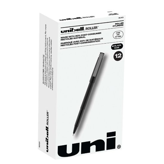 Picture of uni-ball Rollerball Pens, Fine Point, 0.7 mm, 80% Recycled, Black Barrel, Black Ink, Pack Of 12 Pens