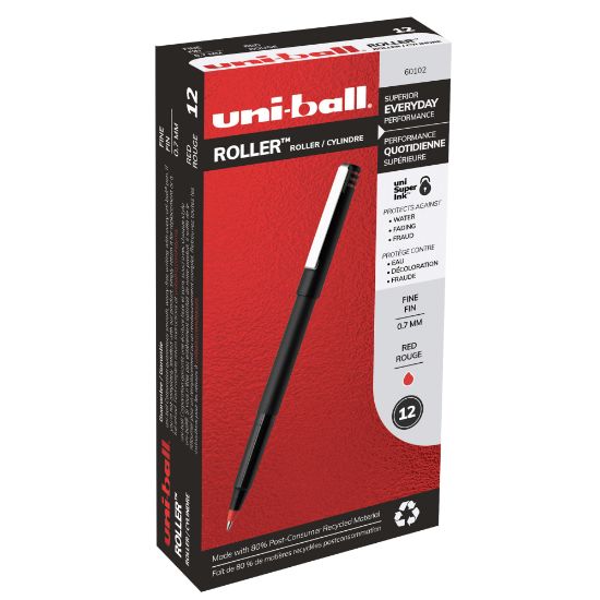 Picture of uni-ball Rollerball Pens, Fine Point, 0.7 mm, 80% Recycled, Black Barrel, Red Ink, Pack Of 12 Pens