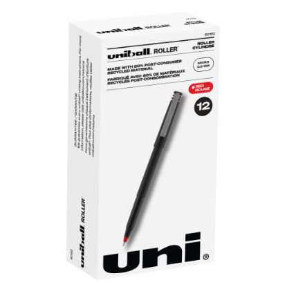 Picture of uni-ball Rollerball Pens, Micro Point, 0.5 mm, 80% Recycled, Black Barrel, Red Ink, Pack Of 12 Pens