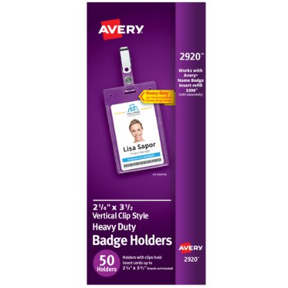 Picture of Avery Secure Top Badge Holders, For 3-1/2in x 2-1/4in Badge, Portrait With Clip, Clear, Box Of 50