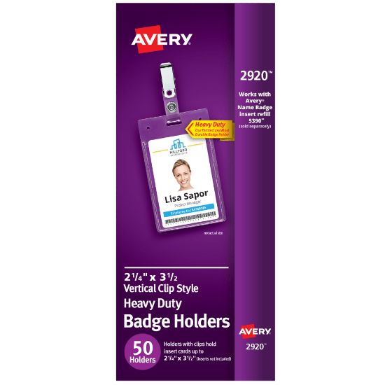 Picture of Avery Secure Top Badge Holders, For 3-1/2in x 2-1/4in Badge, Portrait With Clip, Clear, Box Of 50