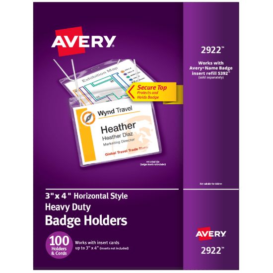 Picture of Avery Secure Top Badge Holders, For 3in x 4in Badge, Landscape With Lanyard, Clear, Box Of 100