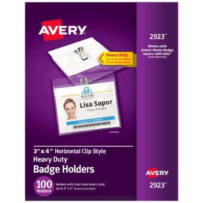 Picture of Avery Heavy Duty Horizontal ID Badge Holders With Clips, 3in x 4in, Clear, Box Of 100