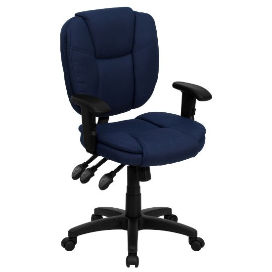 Picture of Flash Furniture Fabric Mid-Back Multifunction Ergonomic Swivel Task Chair With Adjustable Arms, Navy Blue/Black