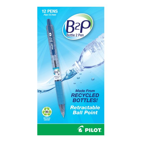 Picture of Pilot Bottle To Pen B2P Retractable Ballpoint Pens, Fine Point, 0.7 mm, Blue Ink, Pack Of 12 Pens