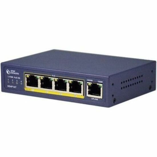 Picture of Amer Networks 5 port Gig Ethernet with 4 PoE at ports SG4P1AT - 5 port 10/100/1000 Mbps Gigabit Ethernet Desktop or wall mountable switch supporting 4 PoE 802.3at ports. PoE power budget of 96W