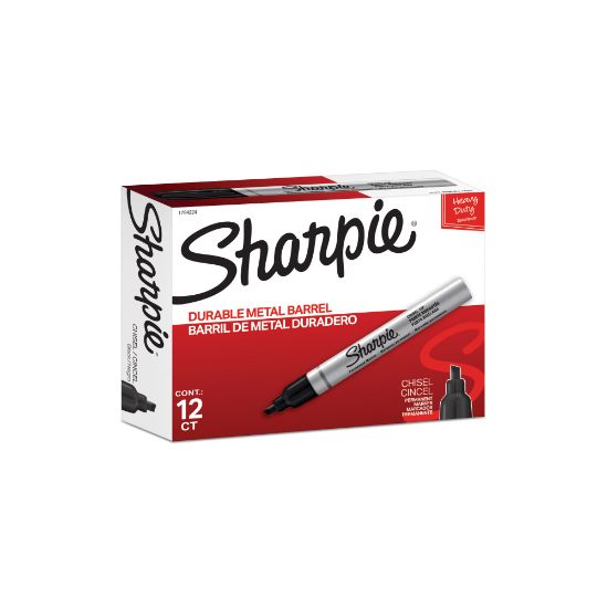 Picture of Sharpie Metal Barrel Chisel Permanent Markers, Black Ink, Pack Of 12 Markers