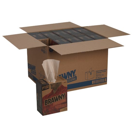 Picture of Brawny Professional by GP PRO P100 Disposable Cleaning Towels, 1/4 Fold, Brown, 148 Towels Per Box