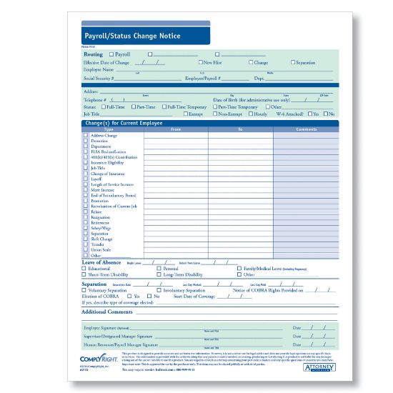 Picture of ComplyRight Payroll/Status Change Notices, 8 1/2in x 11in, Pack Of 50