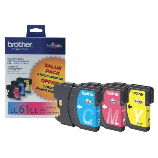 Picture of Brother LC61 Cyan, Magenta, Yellow Ink Cartridges, Pack Of 3, LC61CMY