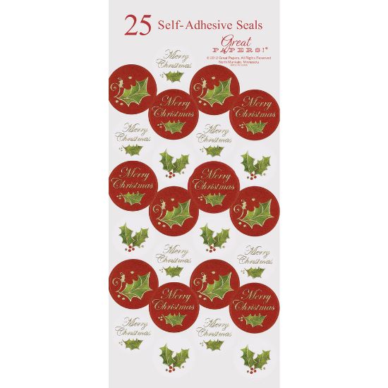 Picture of Great Papers! Holiday Foil Seals, 1in, Gold/Green/Red, Christmas Holly, Pack Of 50