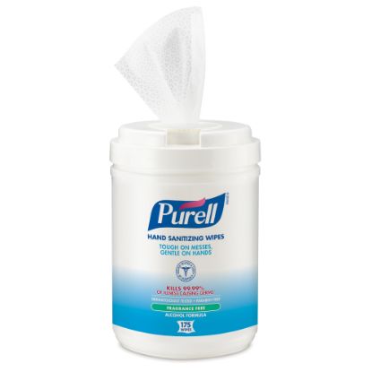 Picture of PURELL Alcohol Hand Sanitizing Wipes - 6in x 7in - White - Residue-free, Dye-free, Fragrance-free, Non-sticky, Non-irritating, Non-irritating, Hypoallergenic, Durable, Pre-moistened, Lint-free, Textured - For Hand - 175 Per Canister - 6 / Carton