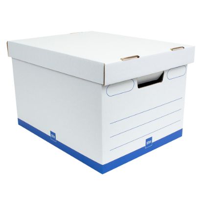 Picture of Office Depot Brand Medium-Duty Quick Set-up Storage Boxes with Lift-Off Lid and Built-In Handles, Letter/Legal Size, 15in x 12in x 10in, 60% Recycled, White/Blue, Pack Of 12