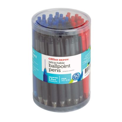 Picture of Office Depot Brand Retractable Ballpoint Pens With Grips, Medium Point, 1.0 mm, Black/Blue/Red Barrels, Black/Blue/Red Inks, Pack Of 50 Pens